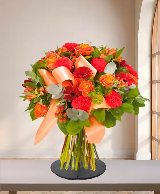 Bouquet funéraire blanc avec roses, eustomas et ruban satin, atelier toulousain